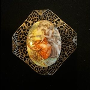 Vintage/Antique? Unique Painted Romantic Victorian Themed Filigree Brooch